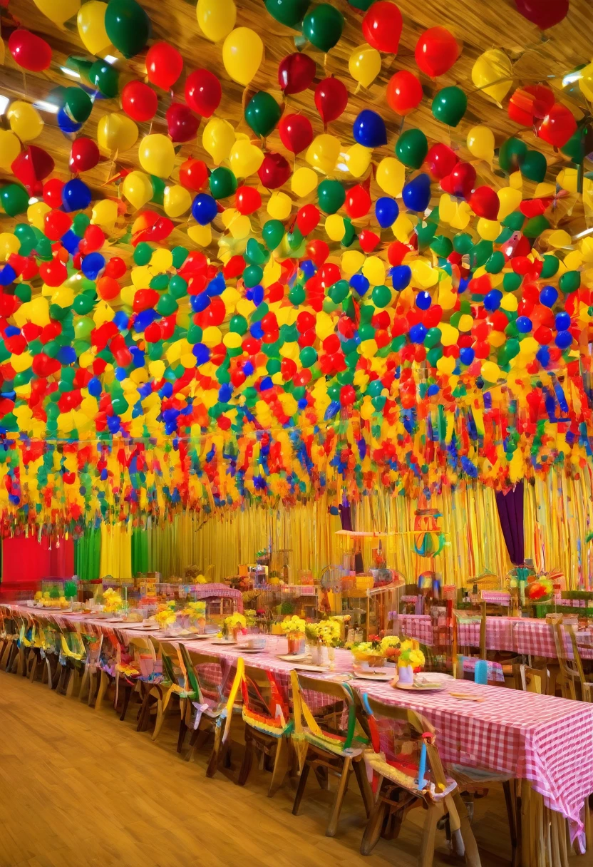 Create a festive and cheerful image of a hall decorated for a Festa Junina, without the presence of people. The image must include the following elements:

Hall decorated with colorful balloons and June flags hanging from the ceiling.
Long table full of typical Festa Junina foods, like corn, popcorn, peanut candy, cornmeal cake, tomboy's foot, hominy, and hot.
Table details: colorful checkered tablecloth, decorated plates and glasses, wicker baskets with food.
Background of the hall: June themed decoration, including scarecrows, wooden tents and a small artificial fire 