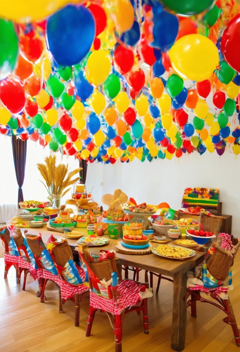 Create a festive and cheerful image of a hall decorated for a Festa Junina, without the presence of people. The image must include the following elements:

Hall decorated with colorful balloons and June flags hanging from the ceiling.
Long table full of typical Festa Junina foods, like corn, popcorn, peanut candy, cornmeal cake, tomboy's foot, hominy, and hot.
Table details: colorful checkered tablecloth, decorated plates and glasses, wicker baskets with food.
Background of the hall: June themed decoration, including scarecrows, wooden tents and a small artificial fire 