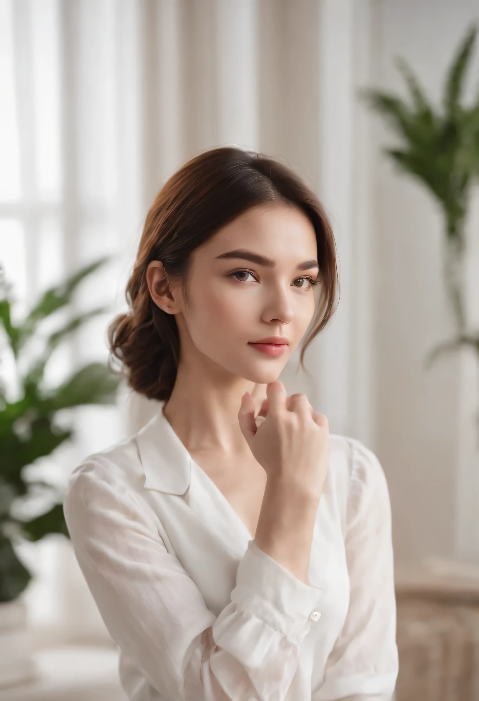 Woman posing for photo in living room with holding the right hand in an upright position with the back of the palm facing the right direction , white  shirt, gorgeous model, holding the right hand in an upright position with the back of the palm facing the right direction, chestnut hair, attractive model, 2 4 years old female model, photo of face and upper body holding right hand raised, serious face