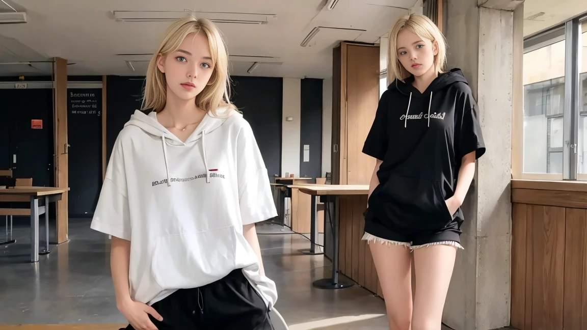 deux blonde ensemble de 18 ans sexy eince , black short sleeve hoodie , jambe visible , se touche,salle de classe,position sensuel