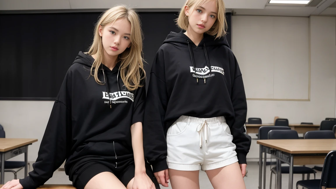 deux femmes blonde ensemble de 18 ans sexy et mince , black short sleeve hoodie , jambe visible , se touche,salle de classe,position sensuel