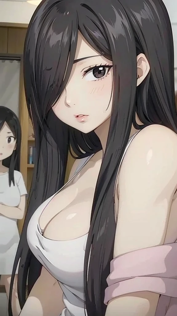 Mommy with 4 daughter,black hair, long hair, (hair over one eye:1.4), messy hair, hair between eyes, chubby cheek,Sexy lips, pucker lips