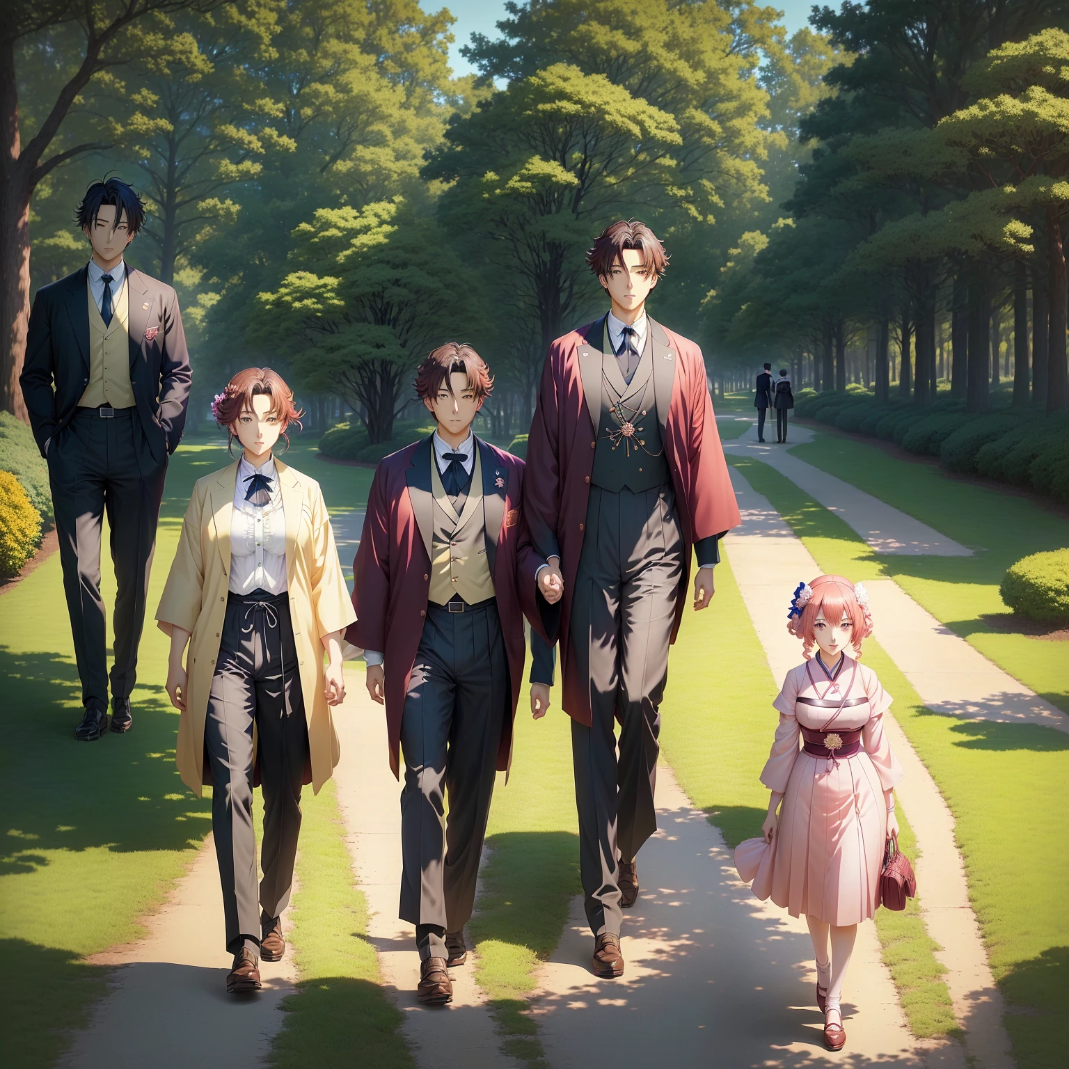 Anime depiction of a man and a woman, standing in the park, official art, Ben Meyer and Sakimichan, inspired by Hisui Sugiura, Sakimichan and Frank Franzzeta, Key visual of the visual novel, Taisho Roman, inspired by Tomioka Tessai, high detailed official artwork, anime curvy john 8k forest