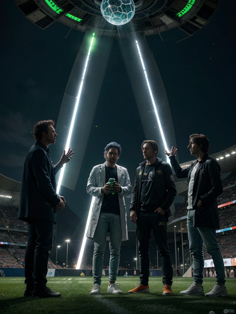 Rick Sánchez with Lionel Messi. Rick has blue hair/pointed gray, bushy eyebrows and a white lab coat, while Messi wears a shirt from FC Barcelona or the Argentine national team. They are in a futuristic football stadium with bright green grass and twilight sky with purple and orange tones. Rick holds a portal gun and a bottle, while Messi holds a ball and high-fives Rick. Behind them is an open portal with green lights and rotating vortexes.. In the background, creatures of the universe "Rick y Morty" they mix among the fans.