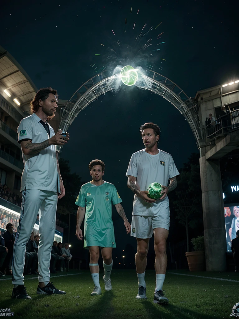 Rick Sánchez with Lionel Messi. Rick has blue hair/pointed gray, bushy eyebrows and a white lab coat, while Messi wears a shirt from FC Barcelona or the Argentine national team. They are in a futuristic football stadium with bright green grass and twilight sky with purple and orange tones. Rick holds a portal gun and a bottle, while Messi holds a ball and high-fives Rick. Behind them is an open portal with green lights and rotating vortexes.. In the background, creatures of the universe "Rick y Morty" they mix among the fans.