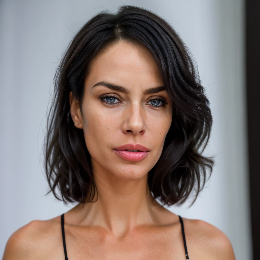 Milfylinda, Mc-linda, mc_linda, linda, a middle aged woman with short black hair, blue eyes, strong jawline, full lips, close-up face portrait, looking straight at the camera, milf