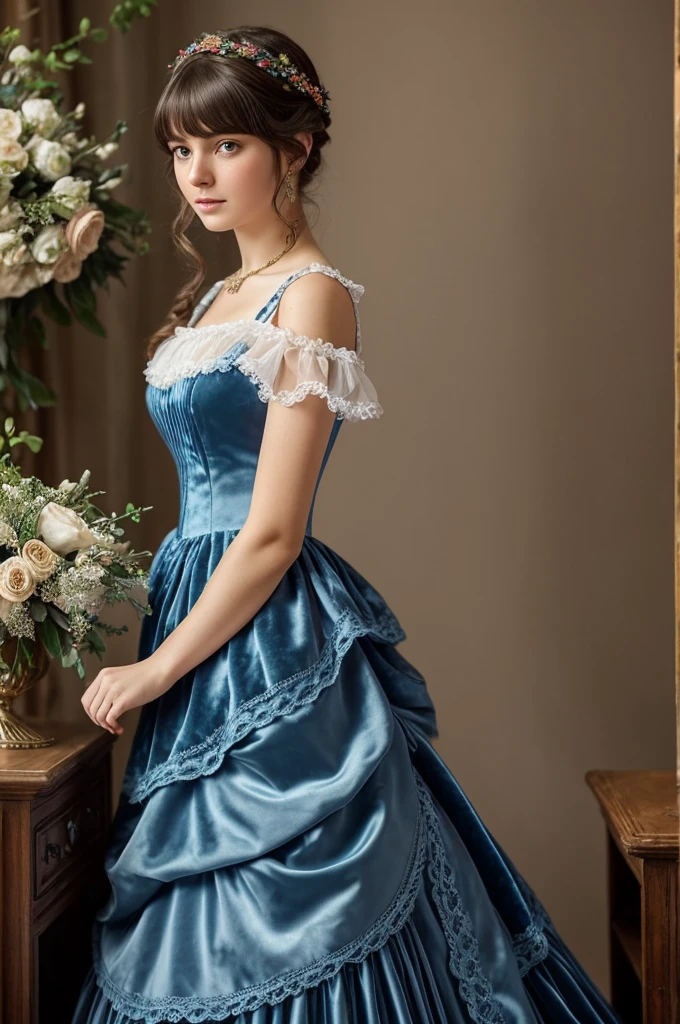 very beautiful girl, Russian,18 years, long dress, high quality transparent fabrics, evening ball gown blue, Closed shoulders, pleated, Flounced, puffs, velvet, embroidery, braid, artificial flowers, buttons, ruffles, apron-shaped folds, as well as various jewelry, a lot of fabric, Decoration Materials; Have bangs, Hair dark brown, pretty haircut; 19th century, "color photography"