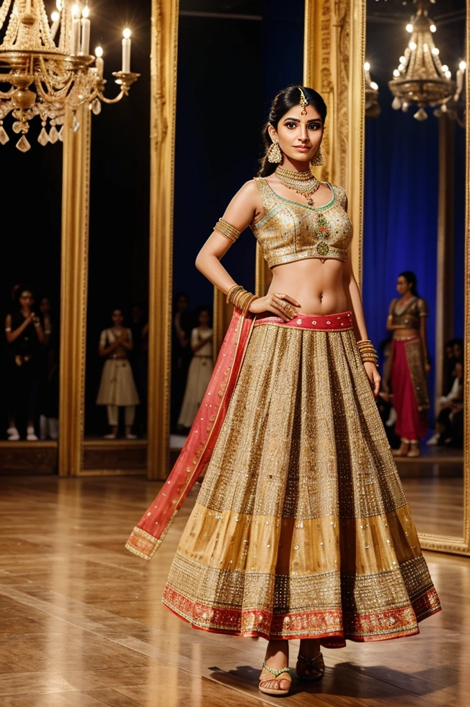 Generate an image of a Gujarati woman at Paris Fashion Week. She is twirling in a Chaniya Choli, decorated with Kutchi embroidery and mirror work, complemented by intricate bangles. The runway background is a blend of traditional Indian and Parisian motifs.