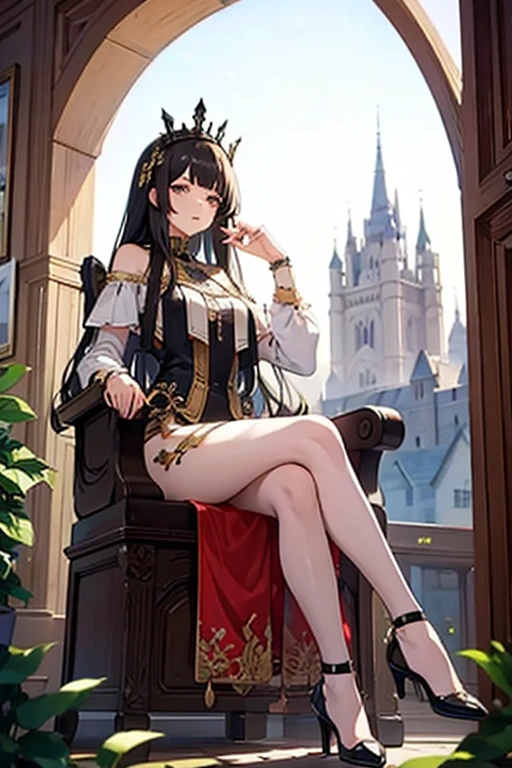 queen sitting on the throne、Sexy Dress、Gorgeous castle interior