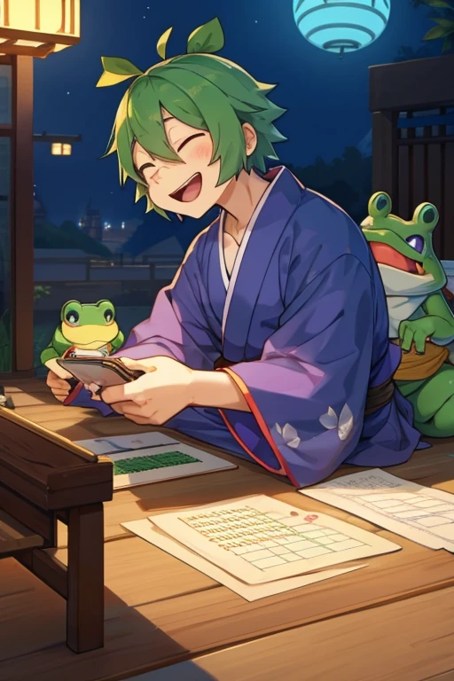 Frog Merchant,Calculating the abacus,yukata,male,laugh inappropriately
