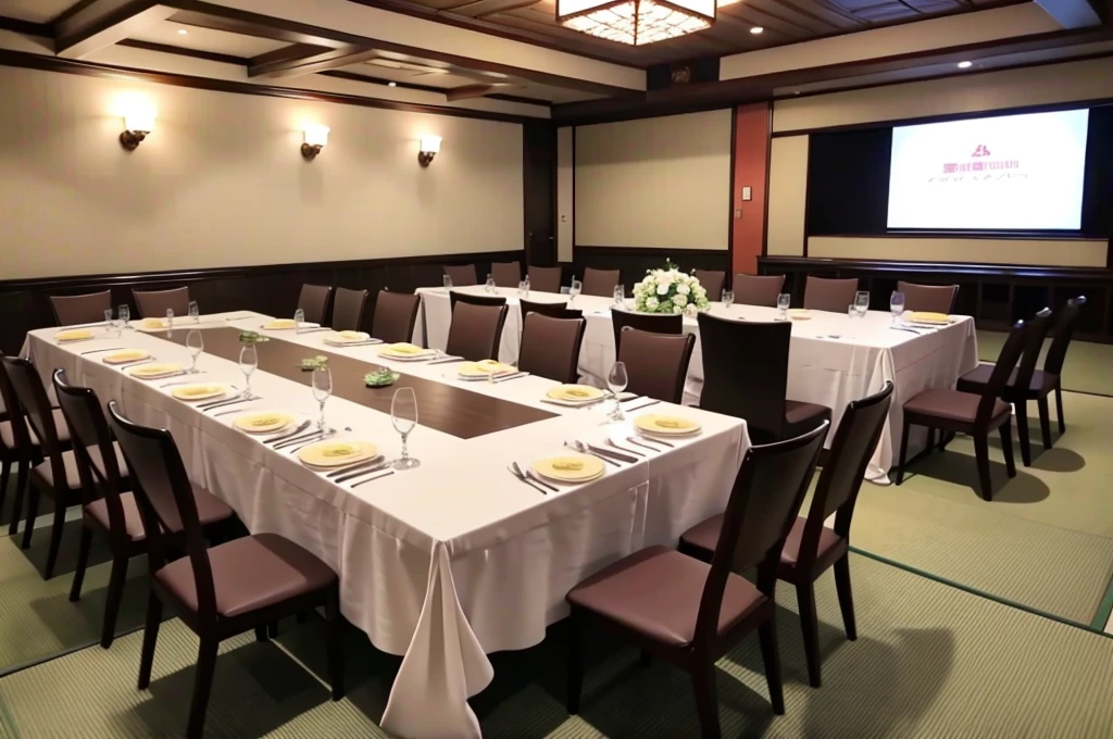 前髪を下ろしたス??なJapanese男性と太ったオール???のJapanese男性がツーショットを撮っている, Japanese, Luxury Suits, banquet hall