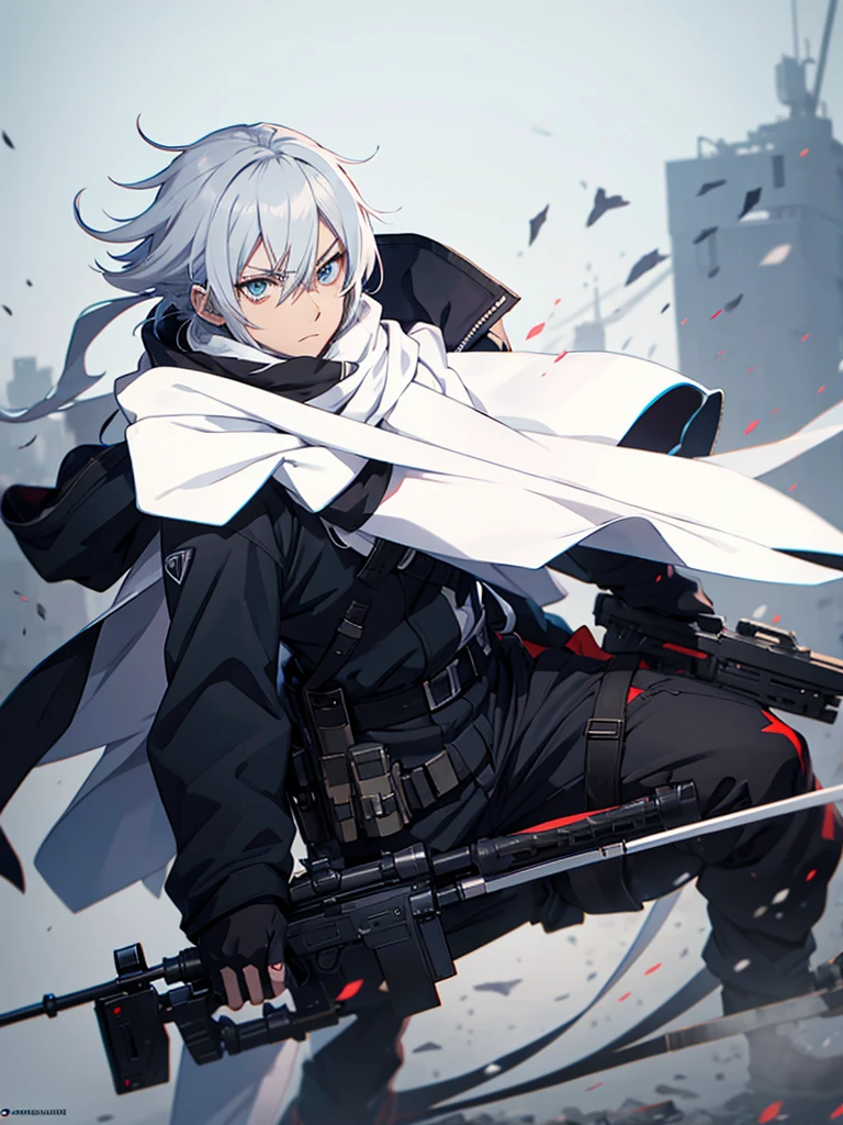 anime character with gun in hand and scarf, an anime drawing inspired by Okumura Togyu, trends on pixiv, neoism, trigger anime art style, Anime main art, white  hair, best 4k konachan anime wallpaper, an angry teenage killer, de white  hair, male anime character, anime character detailed art, with white sniper No errors Symmetry Right hands Sniper position Short, messy hair Scarf covering the face Black assassin&#39;s outfit White sniper painted white white details 