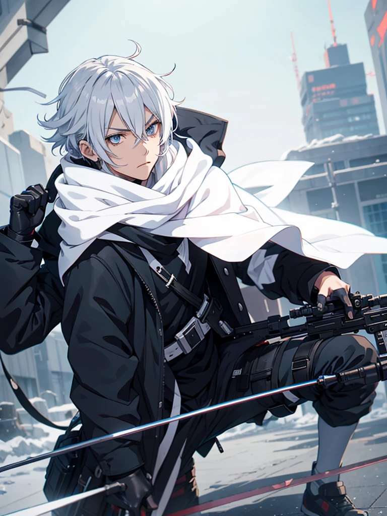 anime character with gun in hand and scarf, an anime drawing inspired by Okumura Togyu, trends on pixiv, neoism, trigger anime art style, Anime main art, white hair, best 4k konachan anime wallpaper, an angry teenage killer, de white hair, male anime character, anime character detailed art, with white sniper No errors Symmetry Right hands Sniper position Short, messy hair Scarf covering the face Black assassin's outfit White sniper painted white white details