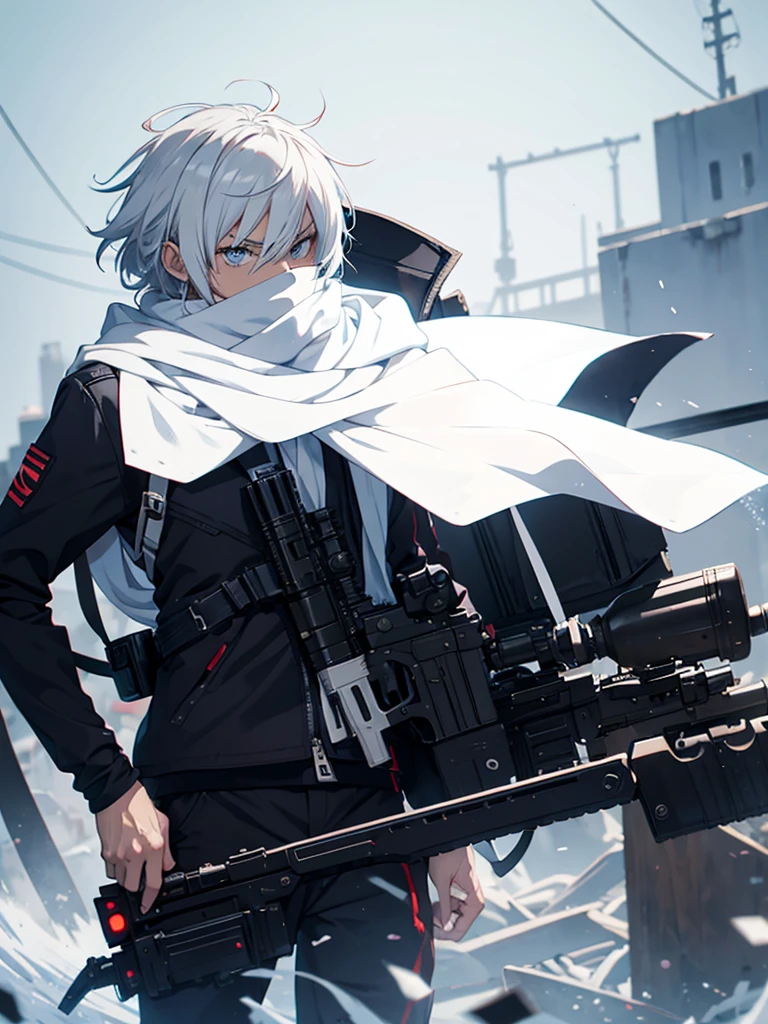 anime character with gun in hand and scarf, an anime drawing inspired by Okumura Togyu, trends on pixiv, neoism, trigger anime art style, Anime main art, white hair, best 4k konachan anime wallpaper, an angry teenage killer, de white hair, male anime character, anime character detailed art, with white sniper No errors Symmetry Right hands Sniper position Short, messy hair Scarf covering the face Black assassin's outfit White sniper painted white white details