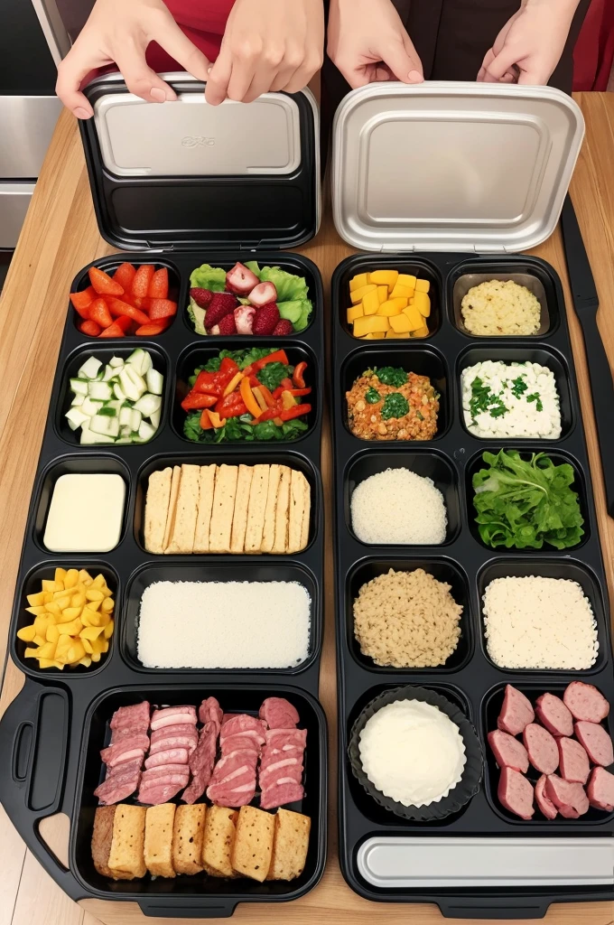 cook preparing Fitness lunch boxes with several different ingredients and meat