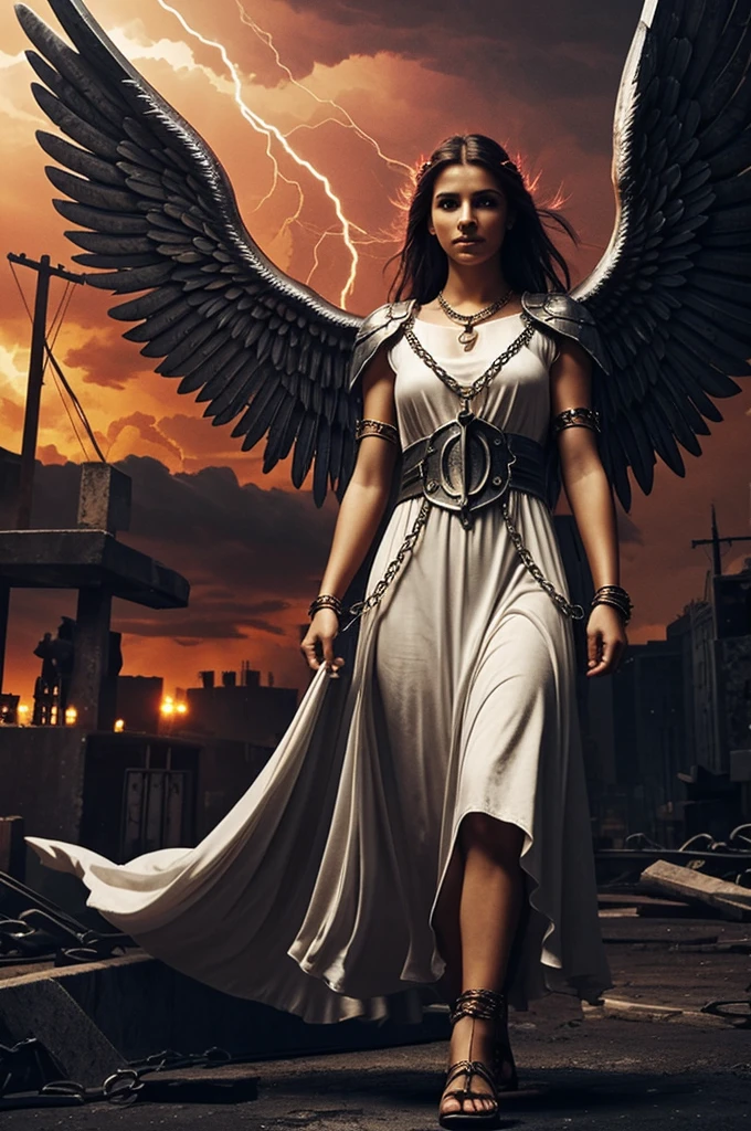 an angel with large wings looking straight at a white tunic, chained with a large chain on hands and feet, chained in a dark and deserted city with dark and red sky with huge lightning bolts