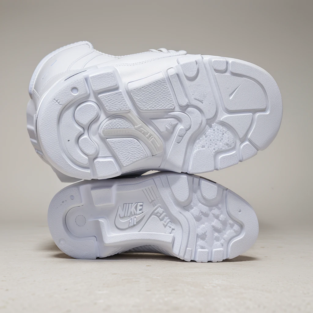 A detailed image of a Nike Air Force sneaker, side view, tilted with the back part elevated and the front tip touching the ground, iconic white leather, perforated toe box, Nike swoosh logo, thick rubber sole, detailed stitching, high-resolution, photorealistic, background: 100% white
