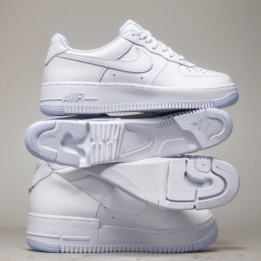 A detailed image of a Nike Air Force sneaker, side view, tilted with the back part elevated and the front tip touching the ground, iconic white leather, perforated toe box, Nike swoosh logo, thick rubber sole, detailed stitching, high-resolution, photorealistic, background: 100% white