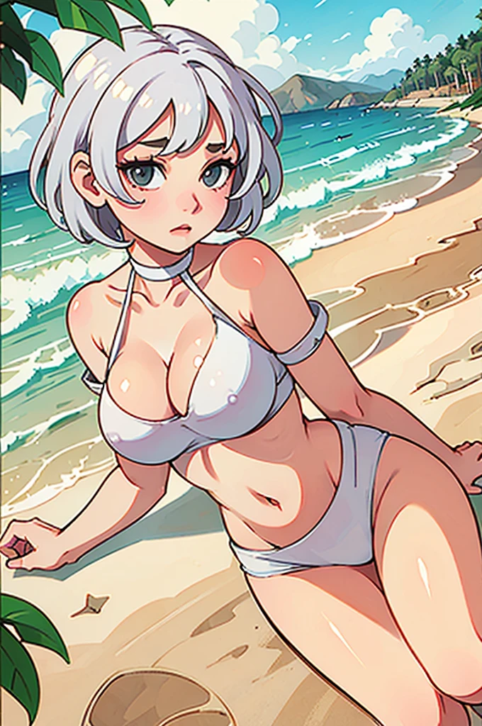 short white hair,large uncovered mammary glands ,beach edge background