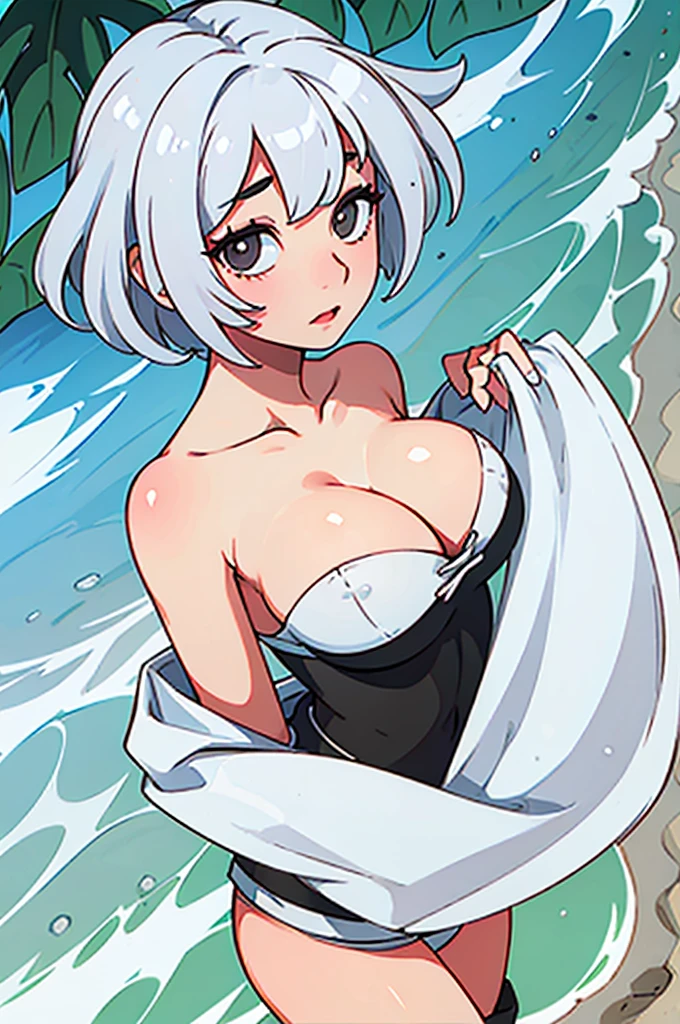 short white hair,large uncovered mammary glands ,beach edge background