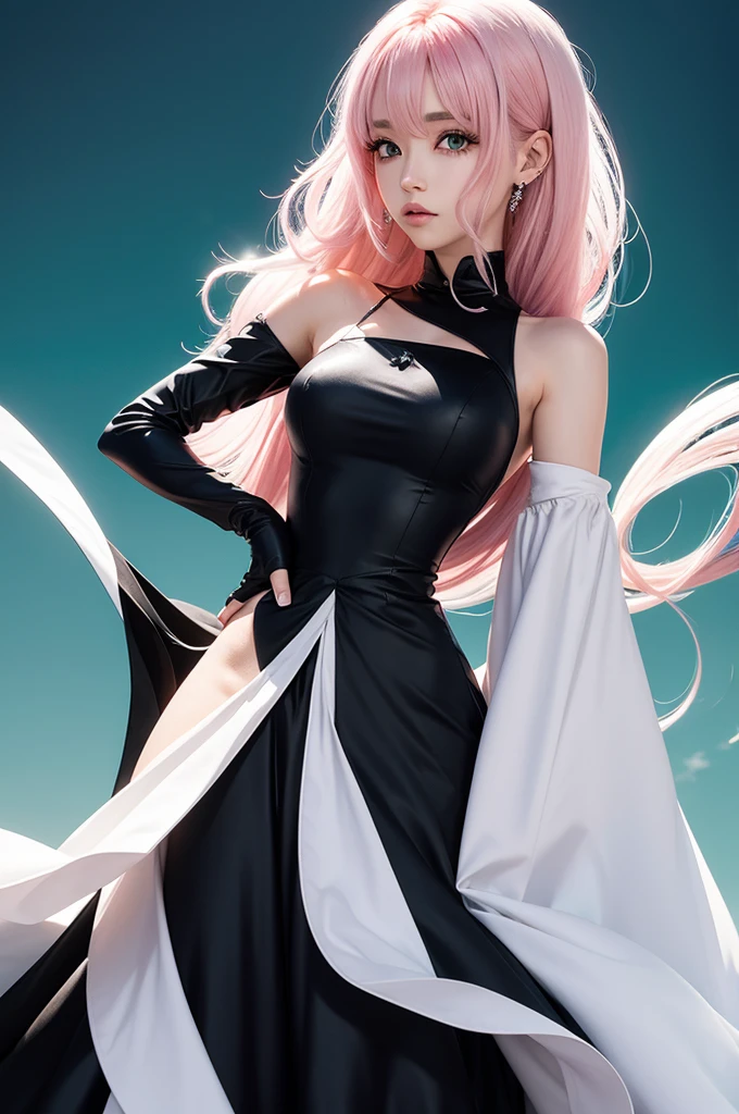 2D anime female character,white,com olhos verdes claros, and big pink hair,black gown