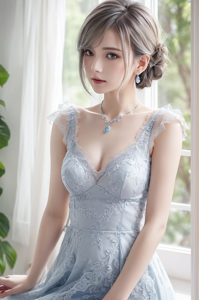 blue lace thong&Good, (((Very elegant and beautiful, Perfect detail, Super detailed))), whole body, The most detailed girl, Depth of written boundary, 美しく詳細なwhole body, Thin legs, 1 girl, 30 years old, Very short hair, Spiked Hair, Gray and silver hair, Beautiful detailed hair, Perfect Face, Expressionless, Beautifully detailed deep eyes, Open your mouth a little, Delicate arms and hands, Pale skin, Earrings, Beautiful and gorgeous necklace, Colorful background, HD background, Blurred Background, Very delicate and beautiful, Masterpiece, (((Highest quality, Very beautiful 8K CG wallpaper))), (((Trendy hairstyles))), (Inside the room,Stylish interior,window),