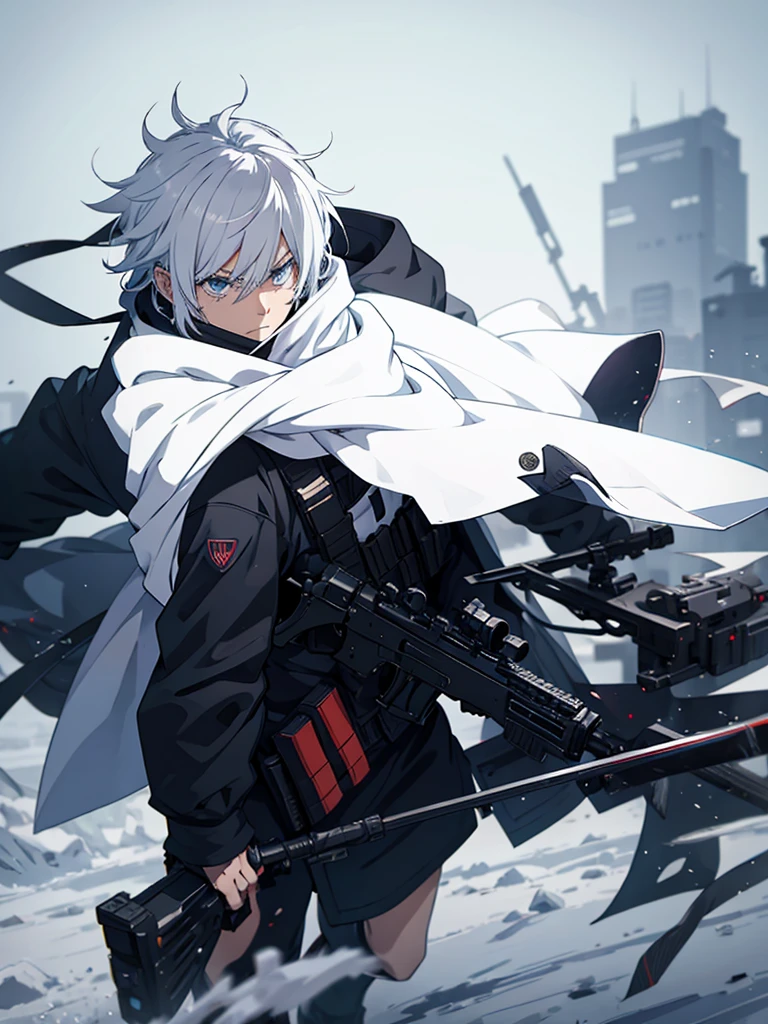 anime character with gun in hand and scarf, an anime drawing inspired by Okumura Togyu, trends on pixiv, neoism, trigger anime art style, Anime main art, white  hair, best 4k konachan anime wallpaper, an angry teenage killer, de white  hair, male anime character, anime character detailed art, with white sniper No errors Symmetry Right hands Sniper position Short, messy hair Scarf covering the face Black assassin&#39;s outfit White sniper painted white white details 