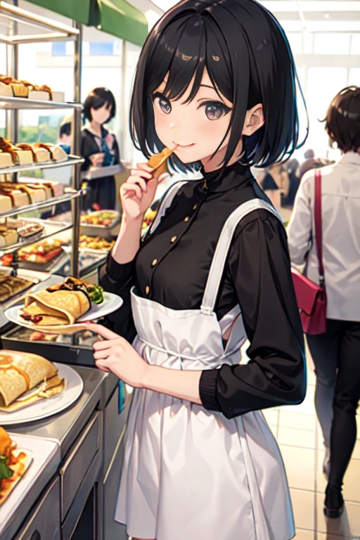 Black Hair、Iris、short hair、Girl、cute、high school student、Dress stylishly with long sleeves、smile、、Small breasts、Eating crepes、The background is a food court
