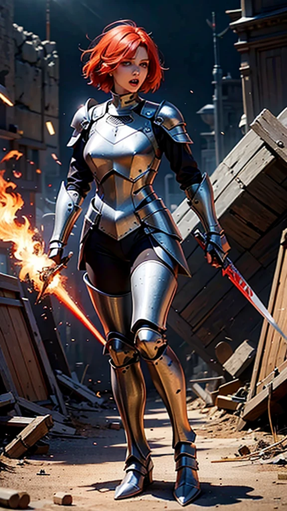 Short-haired redhead woman wearing partially destroyed silver full-body armor, while screaming wounded wielding a red magic-infused battlefield on a ruined battlefield