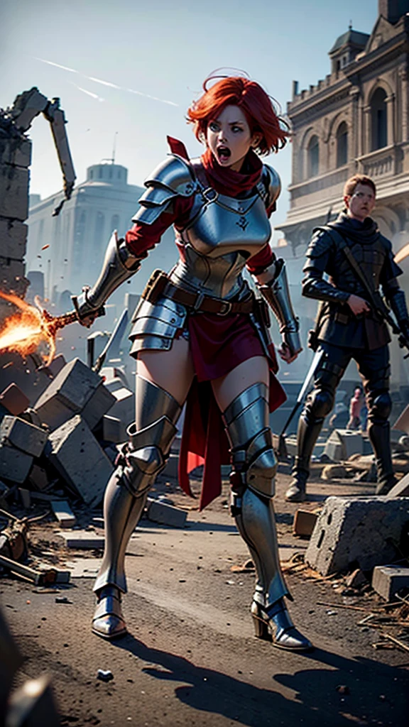 Short-haired redhead woman wearing partially destroyed silver full-body armor, while screaming wounded wielding a red magic-infused battlefield on a ruined battlefield