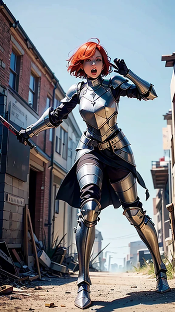 Short-haired redhead woman wearing partially destroyed silver full-body armor, while screaming wounded wielding a red magic-infused battlefield on a ruined battlefield
