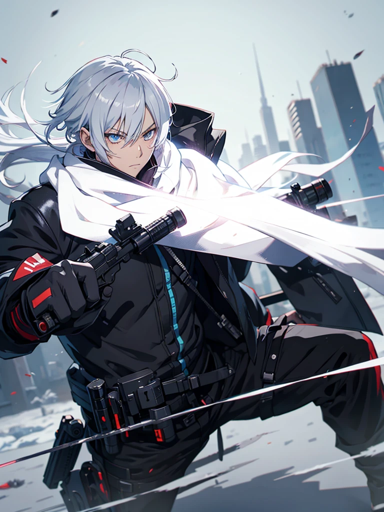 anime character with gun in hand and scarf, an anime drawing inspired by Okumura Togyu, trends on pixiv, neoism, trigger anime art style, Anime main art, white hair, best 4k konachan anime wallpaper, an angry age killer, de white hair, male anime character, anime character detailed art, with white sniper No errors Symmetry Right hands Sniper position Short, messy hair Scarf covering the face Black assassin's outfit White sniper painted white white details