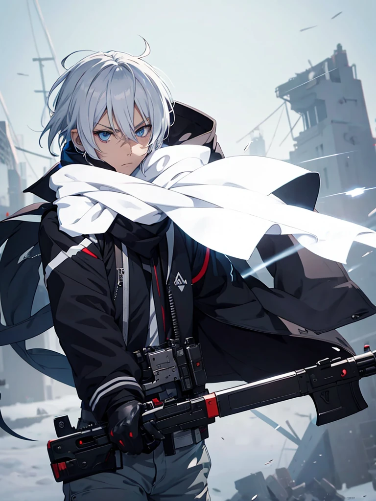 anime character with gun in hand and scarf, an anime drawing inspired by Okumura Togyu, trends on pixiv, neoism, trigger anime art style, Anime main art, white hair, best 4k konachan anime wallpaper, an angry teenage killer, de white hair, male anime character, anime character detailed art, with white sniper No errors Symmetry Right hands Sniper position Short, messy hair Scarf covering the face Black assassin's outfit White sniper painted white white details
