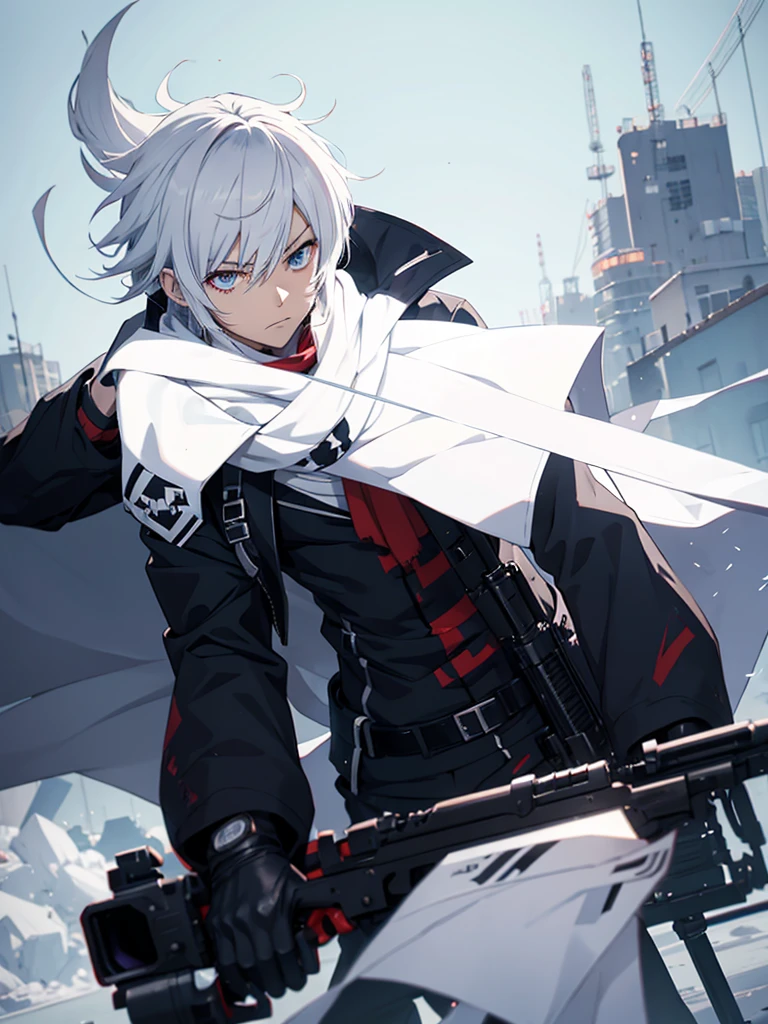 anime character with gun in hand and scarf, an anime drawing inspired by Okumura Togyu, trends on pixiv, neoism, trigger anime art style, Anime main art, white  hair, best 4k konachan anime wallpaper, an angry teenage killer, de white  hair, male anime character, anime character detailed art, with white sniper No errors Symmetry Right hands Sniper position Short, messy hair Scarf covering the face Black assassin&#39;s outfit White sniper painted white white details 