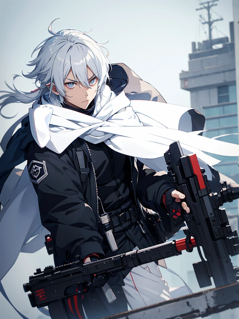 anime character with gun in hand and scarf, an anime drawing inspired by Okumura Togyu, trends on pixiv, neoism, trigger anime art style, Anime main art, white hair, best 4k konachan anime wallpaper, an angry teenage killer, de white hair, male anime character, anime character detailed art, with white sniper No errors Symmetry Right hands Sniper position Short, messy hair Scarf covering the face Black assassin's outfit White sniper painted white white details