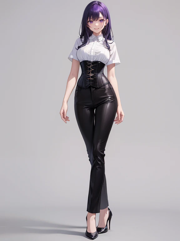 purple,long hair,woman,Shirt with rolled up sleeves,(corset),pants,high heels,,simple background,smile,whole body,full body,full body,Standing picture,vtuber,upright,,Standing upright with face and body facing forward,