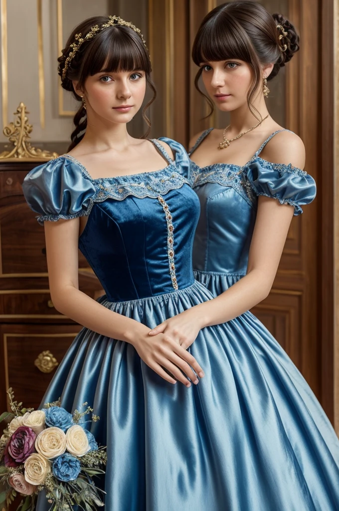 very beautiful girl, Russian, 25 years, long dress, high quality transparent fabrics, evening ball gown blue, Closed shoulders, pleated, Flounced, puffs, velvet, embroidery, braid, artificial flowers, buttons, ruffles, apron-shaped folds, as well as various jewelry, a lot of fabric, Decoration Materials; Have bangs, Hair dark brown, pretty haircut; 19th century, "color photography"