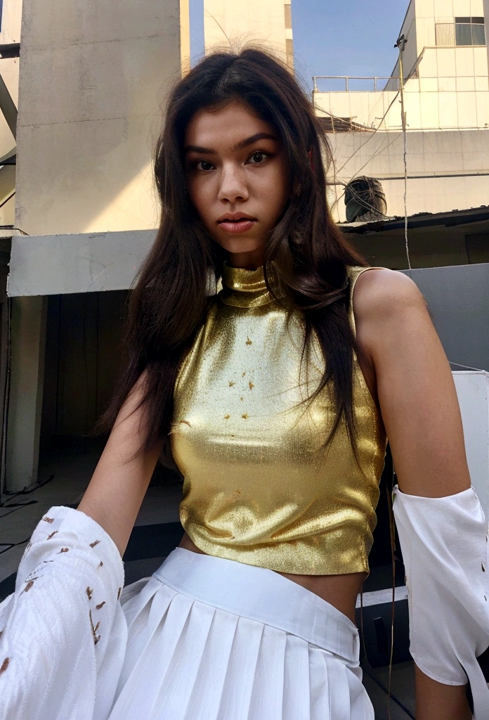 A female sniper ambushes the roof of a building，Aiming at the enemy，The background contains an explosion.，hyper detailed photography，Mattire，golden ratio,Chinese woman、youth、white vest、short purple skirt、open navel、long white hair、Tall boy、Armed with large sniper rifles.、Red-black hair color、full bodyesbian、photorealestic、skin reflections、largeeyes、perfect anatomy，Reclining