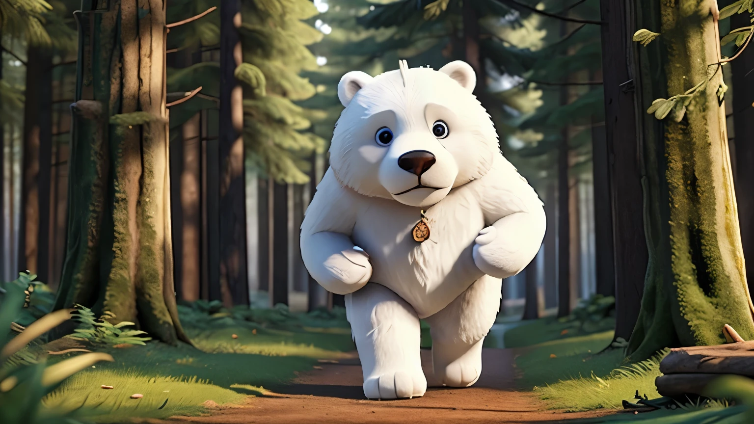 a big white bear walking through the forest