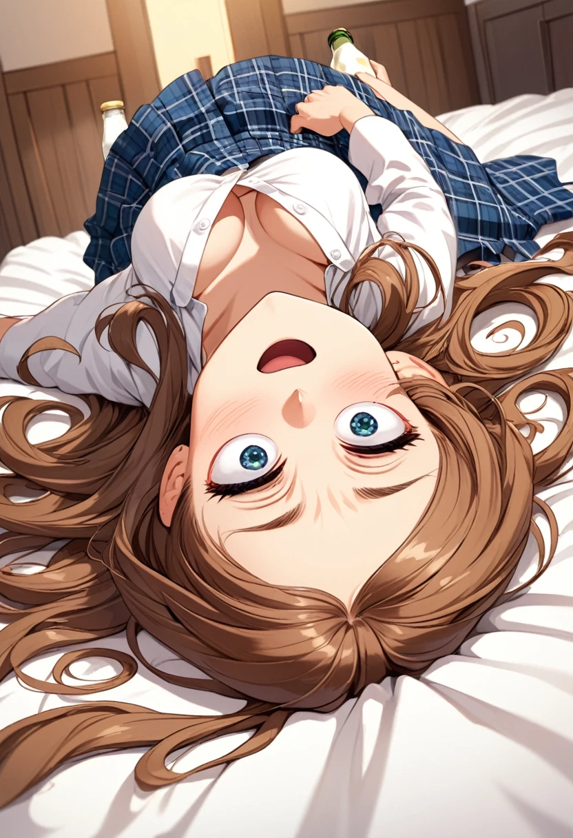 detailed illustration, dynamic angle, ultra-detailed, illustration, 1girl, 18 year old, school girl, wavy brown hair, long hair, bright brown eyes, hearts, white shirt, blue plaid skirt, cleavage, flush, blush, arousal, laying on bed, drunk, dizzy, swirl eyes, wide eyes, open mouth, confused, wide eyes, shocked eyes, amazed eyes, beer bottle, sick, throwing up, green in the cheeks