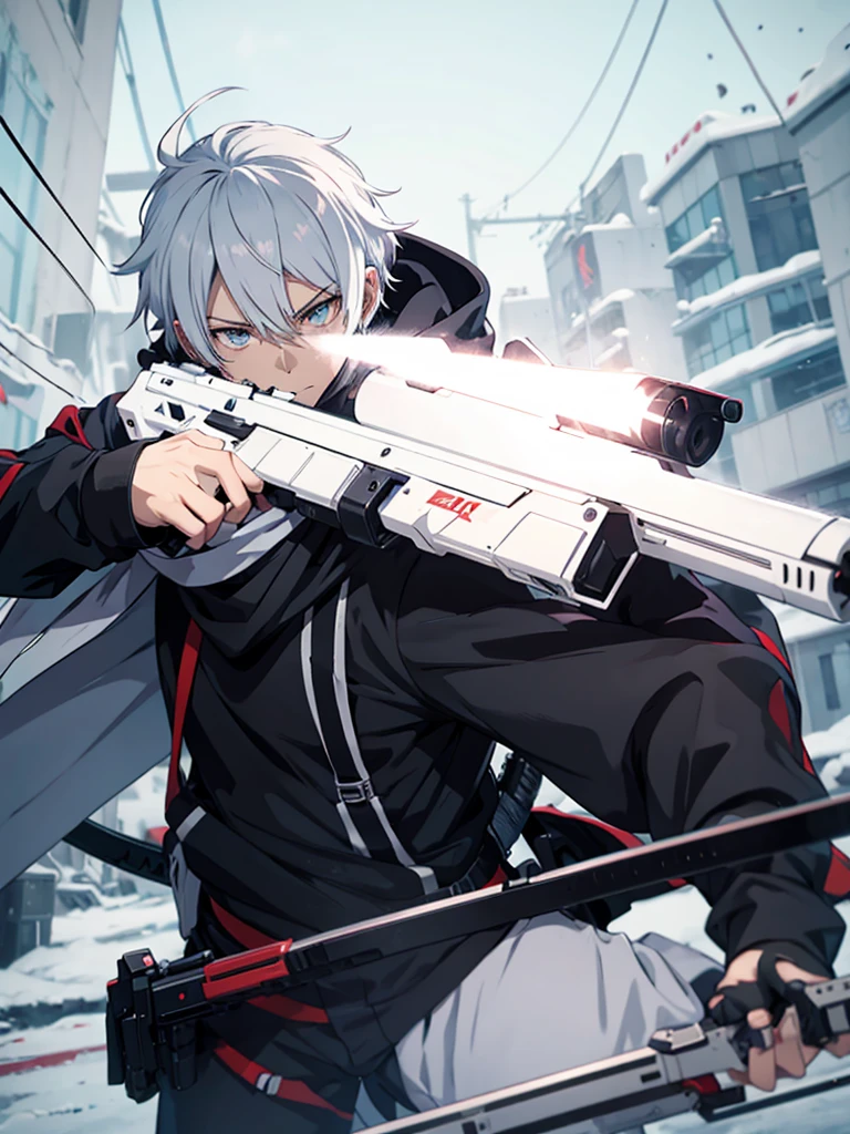 anime character with gun in hand and scarf, an anime drawing inspired by Okumura Togyu, trends on pixiv, neoism, trigger anime art style, Anime main art, white hair, best 4k konachan anime wallpaper, an angry teenage killer, de white hair, male anime character, anime character detailed art, with white sniper No errors Symmetry Right hands Sniper position Short, messy hair Scarf covering the face Black assassin's outfit White sniper painted white white details