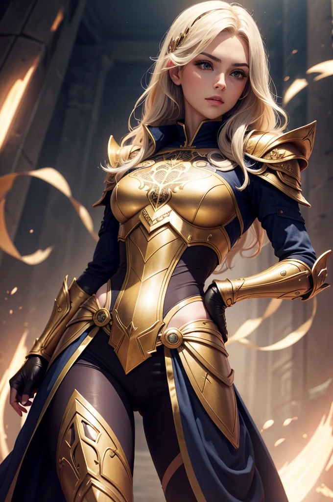 The image shows a character wearing an elaborate costume with a futuristic or fantasy design. The costume includes armor with gold details and a symbol on the chest, resembling a stylized 'V' or a chevron. The helmet has pointy ears and glowing blue eyes., giving the character an intimidating appearance. Luminous particles around the head suggest some form of energy or power.