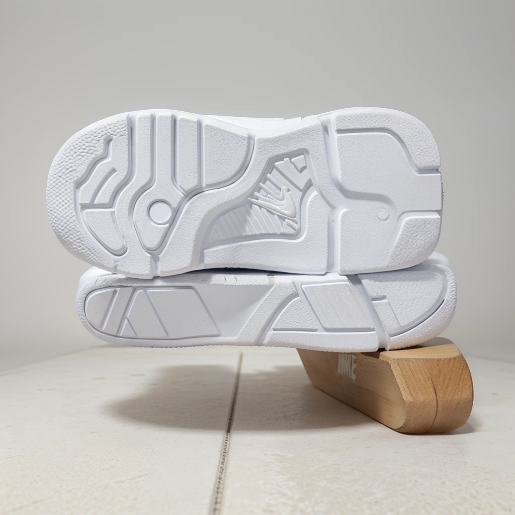 A detailed image of a Nike Air Force sneaker, side view, tilted with the back part elevated and the front tip touching the ground, iconic white leather, perforated toe box, Nike swoosh logo, thick rubber sole, detailed stitching, high-resolution, photorealistic, background: 100% white