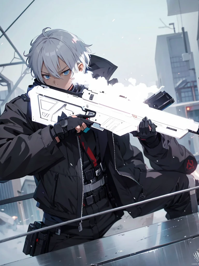 anime character with gun in hand and scarf, an anime drawing inspired by Okumura Togyu, trends on pixiv, neoism, trigger anime art style, Anime main art, white hair, best 4k konachan anime wallpaper, an angry teenage killer, de white hair, male anime character, anime character detailed art, with white sniper No errors Symmetry Right hands Sniper position Short, messy hair Scarf covering the face Black assassin's outfit White sniper painted white white details