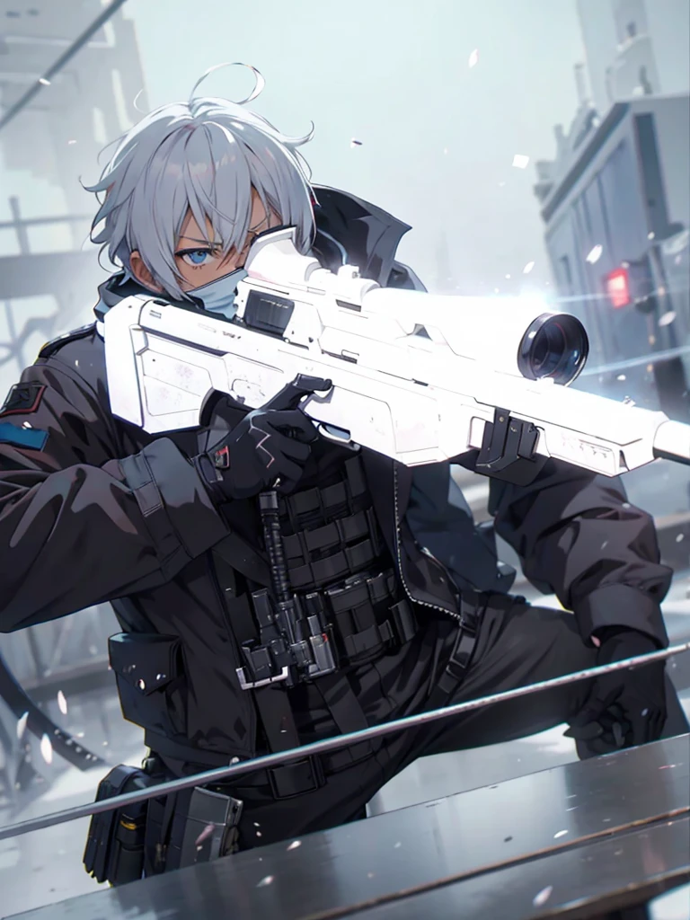 anime character with gun in hand and scarf, an anime drawing inspired by Okumura Togyu, trends on pixiv, neoism, trigger anime art style, Anime main art, white  hair, best 4k konachan anime wallpaper, an angry teenage killer, de white  hair, male anime character, anime character detailed art, with white sniper No errors Symmetry Right hands Sniper position Short, messy hair Scarf covering the face Black assassin&#39;s outfit White sniper painted white white details 