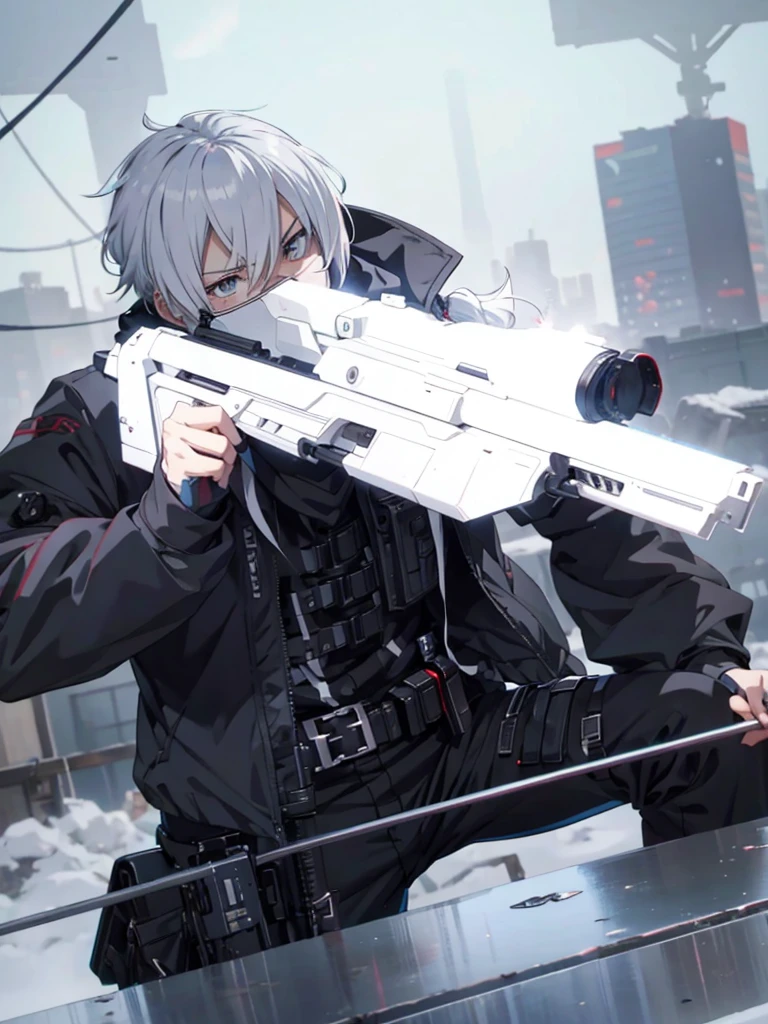 anime character with gun in hand and scarf, an anime drawing inspired by Okumura Togyu, trends on pixiv, neoism, trigger anime art style, Anime main art, white hair, best 4k konachan anime wallpaper, an angry age killer, de white hair, male anime character, anime character detailed art, with white sniper No errors Symmetry Right hands Sniper position Short, messy hair Scarf covering the face Black assassin's outfit White sniper painted white white details