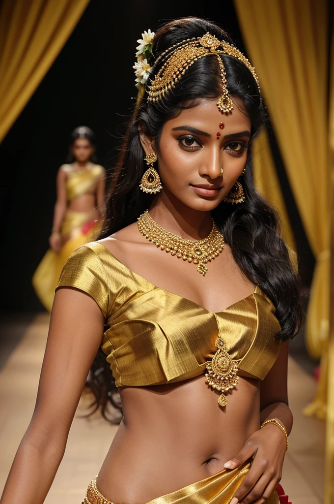 Create an image of a South Indian woman on the Paris Fashion Week runway. She is wearing a Kanjeevaram saree with gold jewelry and jasmine flowers in her hair. The backdrop of the runway blends traditional South Indian and modern Parisian aesthetics.