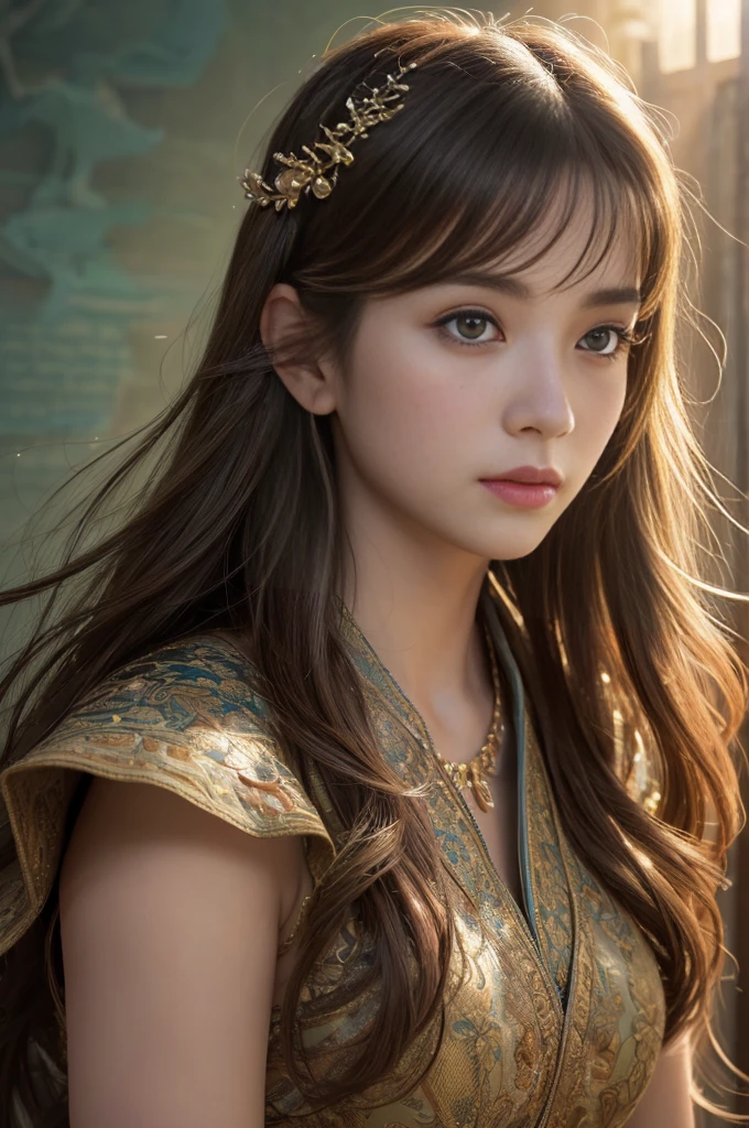 (RAW photo, best quality), (realistic, photo-realistic:1.3),best quality,highly detailed,masterpiece,ultra-detailed,illustration,1girl,upper_body,dynamic angle,world masterpiece theater,messy_long_hair,best quality,extremely detailed CG unity 8k wallpaper,ink,Amazing,cinematic lighting,lens_flare, dunhuang_style