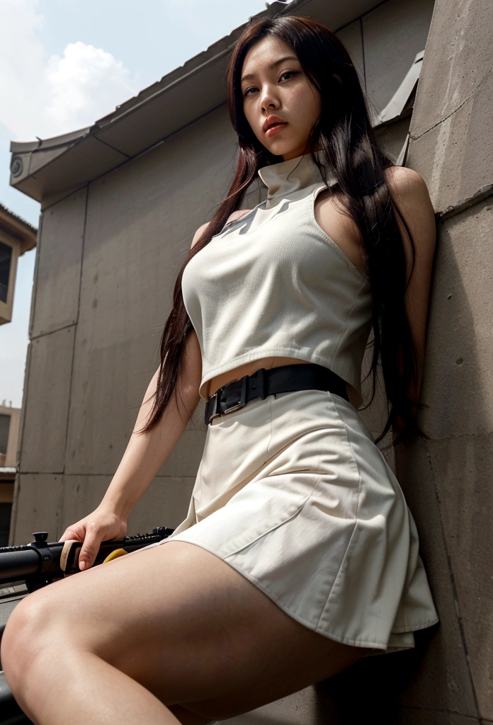 A female sniper ambushes the roof of a building，Aiming at the enemy，The background contains an explosion.，hyper detailed photography，Mattire，golden ratio,Chinese woman、youth、white vest、short purple skirt、open navel、long white hair、Tall boy、Armed with large sniper rifles.、Red-black hair color、full bodyesbian、photorealestic、skin reflections、largeeyes、perfect ，Reclining