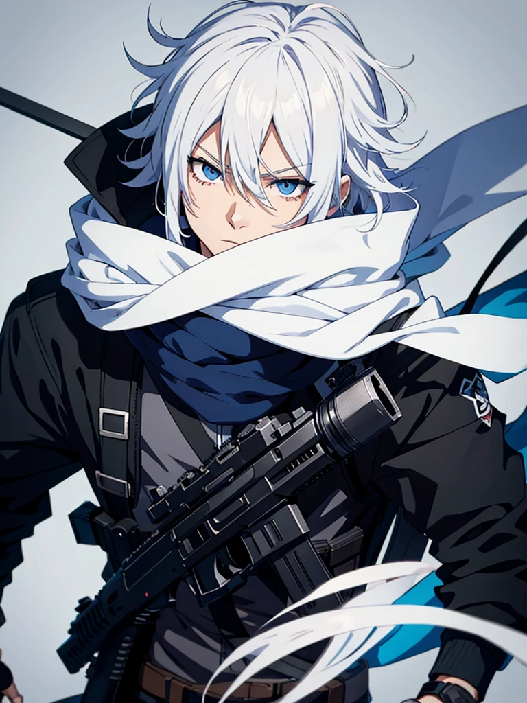anime character with gun in hand and scarf, an anime drawing inspired by Okumura Togyu, trends on pixiv, neoism, trigger anime art style, Anime main art, white  hair, best 4k konachan anime wallpaper, an angry teenage killer, de white  hair, male anime character, anime character detailed art, with white sniper No errors Symmetry Right hands Sniper position Short, messy hair Scarf covering the face Black assassin&#39;s outfit White sniper painted white white details 
